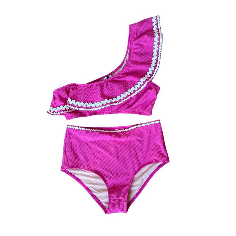 J.Crew Bikini One-Shoulder Top & High Waist Bottom Pink RikRak Trim Size Small